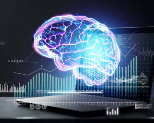 Abstract hologram of the brain with analytical information on the background of a laptop. Concept for innovation and brainstorming, technology, future. Double exposure